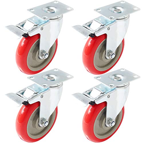 Product Cover Online Best Service Caster Wheels Swivel Plate w/ Brake Casters On Red Polyurethane Wheels (5 inch with Brake)