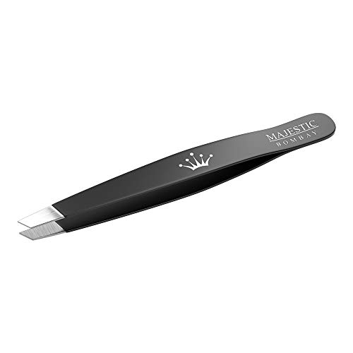 Product Cover Black : Slant Tweezers - Majestic Bombay - Stainless Steel High Performance Eye Brows Slant Tweezer - Expert Precision Best for Plucking hair -Steel Ends Meet Perfectly- Life Time Guarantee !! (black)