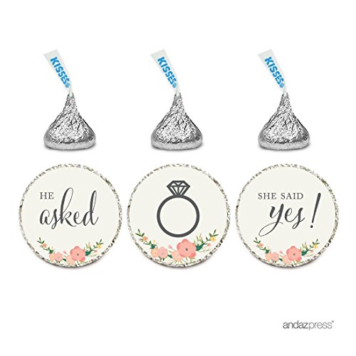 Product Cover Andaz Press Chocolate Drop Labels Stickers, Wedding He Asked She Said Yes!, Floral Roses, 216-Pack, for Bridal Shower Engagement Hershey's Kisses Party Favors Decor