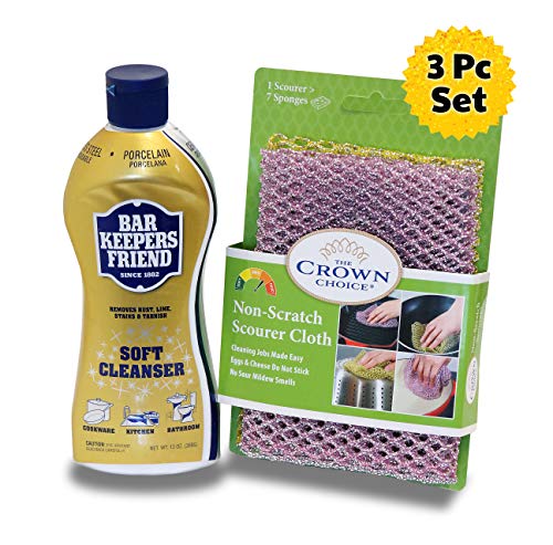 Product Cover BAR KEEPERS FRIEND Soft Cleanser Liquid (13 OZ) and Non Scratch Scouring Scrubber Kit | Multipurpose, Stainless Steel, Rust, Soft Cleaner with Heavy Duty Non Scratch DishCloth