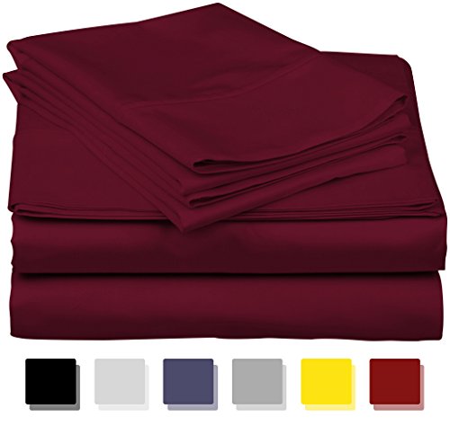 Product Cover True Luxury 1000-Thread-Count 100% Egyptian Cotton Bed Sheets, 4-Pc Queen Burgundy Sheet Set, Single Ply Long-Staple Yarns, Sateen Weave, Fits Mattress Upto 18'' Deep Pocket