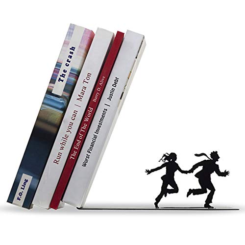 Product Cover Artori Design Book Ends - Metal Shelf Dividers - Funny Cute Book Ends for Shelves - Book Stoppers - Decorative Book Holder - Falling Books on a Running Couple - Runaway Bookend Shelf Organizer