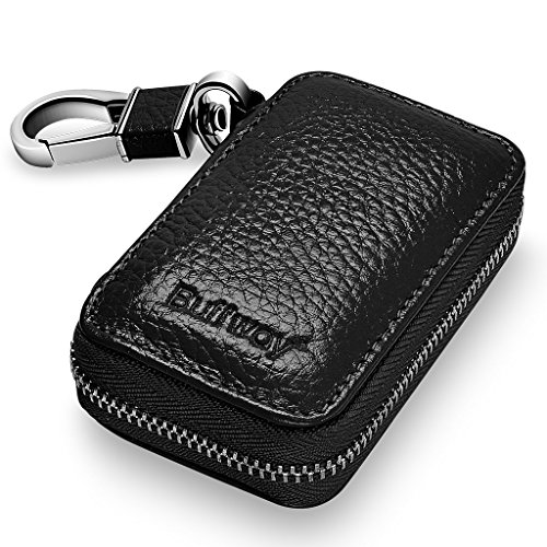 Product Cover Buffway Car Key case,Genuine Leather Car Smart Key Chain Keychain Holder Metal Hook and Keyring Zipper Bag for Remote Key Fob - Black