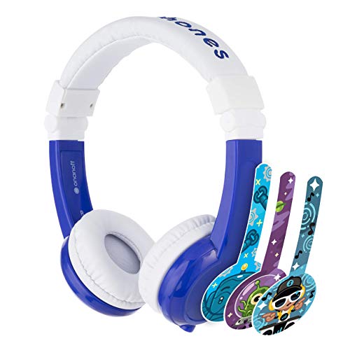 Product Cover ONANOFF BuddyPhones Explore Foldable, Volume-Limiting Kids Headphones with Travel Bag, Built-In Audio Sharing Cable with Mic, Compatible with Fire, iPad, iPhone, and Android Devices, Blue