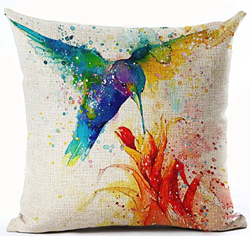 Product Cover Andreannie Beautiful Ink Painting Hummingbird Red Flower Musa Coccinea Home Cotton Linen Throw Pillow Case Personalized Cushion Cover New Home Office Decorative Square 18 X 18 Inches