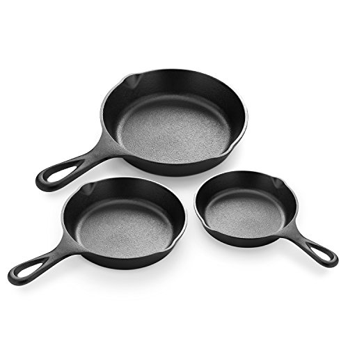 Product Cover Simple Chef Cast Iron Skillet 3-Piece Set - Best Heavy-Duty Professional Restaurant Chef Quality Pre-Seasoned Pan Cookware Set - 10