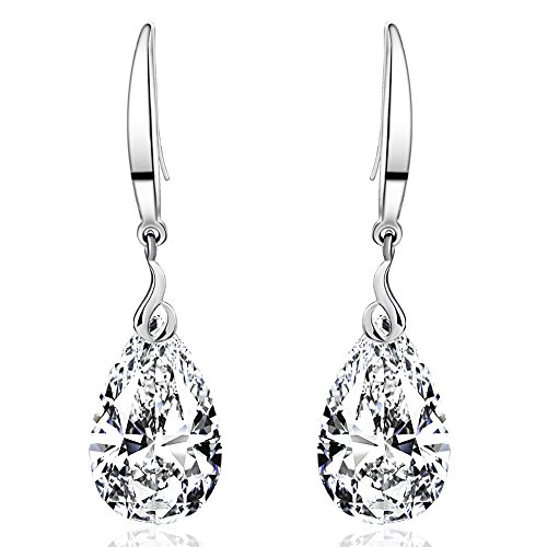 Product Cover Silver Dangle Earring 14k White Gold Plated 925 Sterling Silver 12mm Pear Shape Naked Drill Swarovski Element Crystal Drop Earrings For Women
