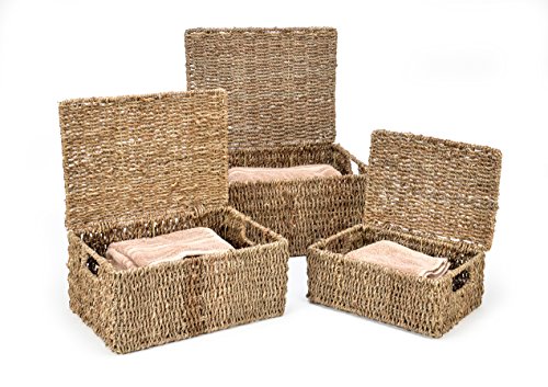 Product Cover Trademark Innovations Rectangular Seagrass Baskets Lids (Set of 3), Brown