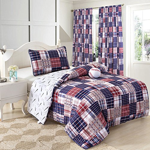 Product Cover 3 Piece Baseball Sports Theme Plaid Red, White and Blue Comforter Set FULL Size Bedding. Works well in your bedroom, Master Room, Boys, Girls, Guest Room and College Dormitory, Great Gift Idea.