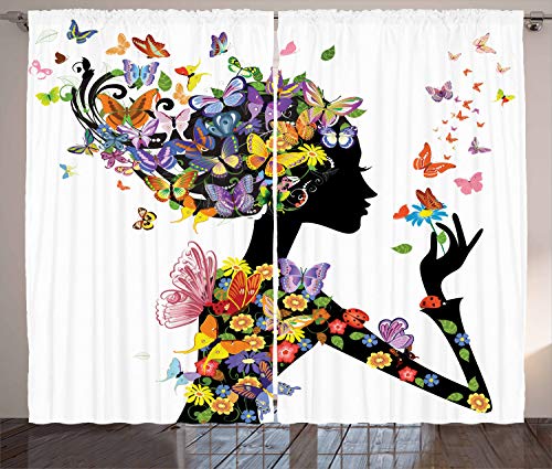 Product Cover Ambesonne Butterflies Curtains, Girl Fashion Flowers with Butterflies Ornamental Floral Foliage Nature Forest, Living Room Bedroom Window Drapes 2 Panel Set, 108