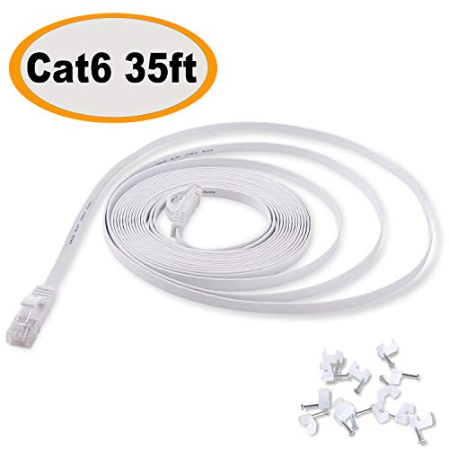 Product Cover Cat 6 Ethernet Cable 35 ft, Flat Internet Network LAN Patch Cord, Faster Than Cat 5E, Solid Cat6 High Speed Computer RJ45 wire for Modem, Router, PS4, Xbox, Switch, Camera, TV Box, Hub, Adapter, White