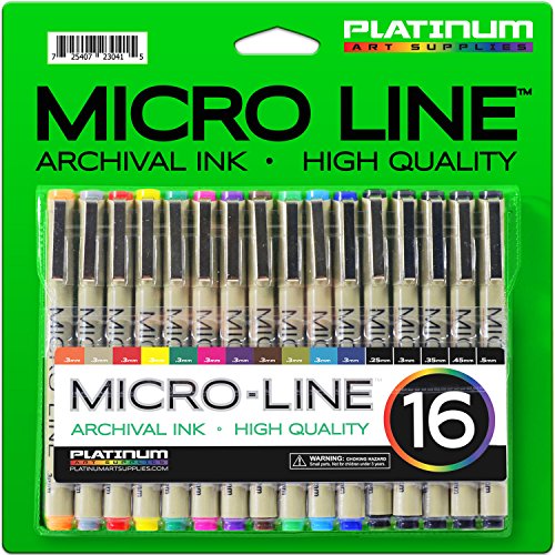 Product Cover Micro-Line Ultra Fine Point Ink Pens - (SET OF 16) - Archival Ink - Assorted Colors in 0.3 MM Felt Tip - 5 Blacks in Tip Sizes 0.25MM to 0.5MM - Competes with Micron Fine Point Permanent Markers