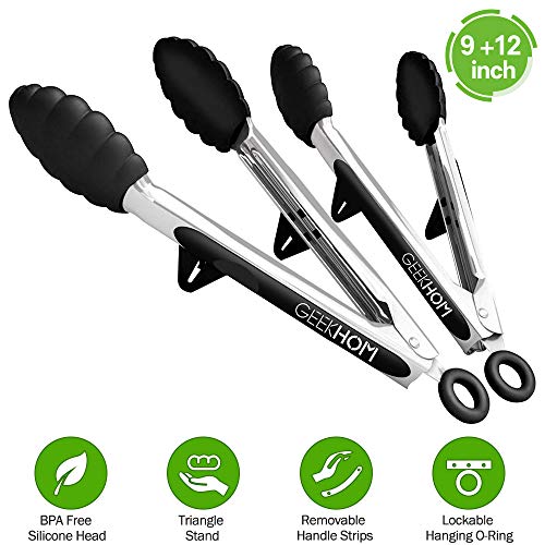 Product Cover GEEKHOM Kitchen Tongs for Cooking with Silicone Tips and Locking Head, Non-Slip Non-Stick Heavy Duty Tongs for BBQ Grilling Barbecue Salad (9+12 Inch, Black)