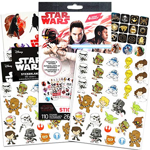 Product Cover Star Wars Stickers Party Favors ~ Set of 2 Sticker Packs ~ Bundle Includes 18 Sheets over 350 Stickers plus Star Wars Tattoos -Darth Vader, Storm troopers, Chewbacca