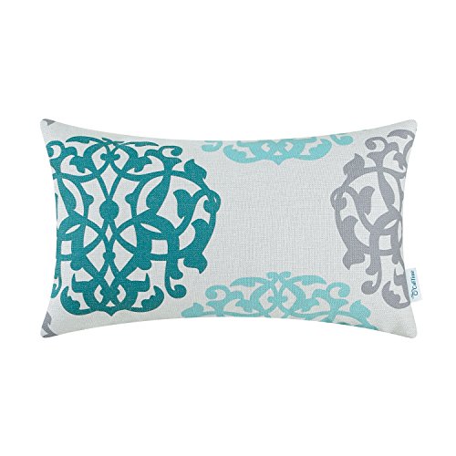 Product Cover CaliTime Canvas Bolster Pillow Cover Case for Couch Sofa Home Decoration Three-Tone Floral Compass Geometric 12 X 20 Inches Teal/Duck Egg/Gray
