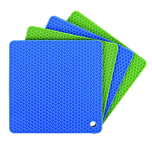 Product Cover Silicone Pot Holders Set of 4 Ankway Silicone Trivets Multi-Purpose Hot Pads Heat Resistant to 450 °F, Non-slip Coasters, Insulation, Durable Flexible Trivet for Table Kitchen Countertop, Blue & Green