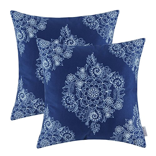Product Cover CaliTime Pack of 2 Cozy Throw Pillow Cases Covers for Couch Bed Sofa Manual Hand Painted Print Vintage Mandala Floral 20 X 20 Inches Navy Blue