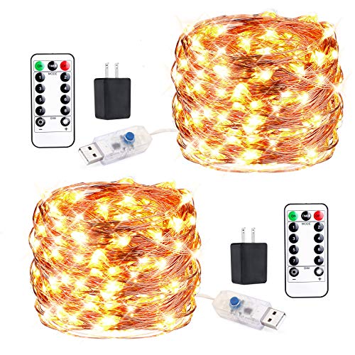 Product Cover Innotree 2 Pack Fairy Lights USB Plug in with Remote Dimmable Waterproof, 33ft 100 LEDs Warm White Firefly Twinkle String Lights for Bedroom Indoor Outdoor Party Wedding Decoration, Copper Wire