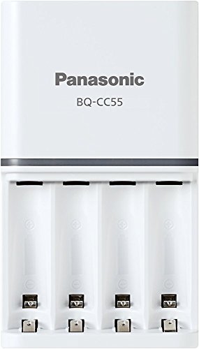 Product Cover Panasonic Advanced Eneloop Individual Battery 3 Hour Quick Charger with 4 LED Charge Indicator Lights, (White, BQ-CC55)