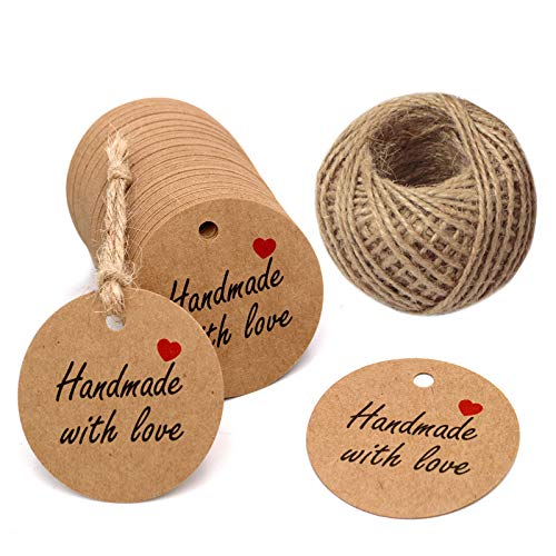 Product Cover Handmade Gift Tags 2'' Round Tags 100PCS Brown Kraft Hang Tags with 100 Feet Natural Jute Twine Perfect for DIY&Craft, Wedding Party Favor and Birthday Party