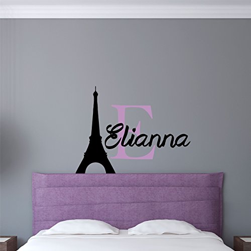 Product Cover Custom Name Paris Wall Decal - Boys Girls Personalized Name Eiffel Tower Wall Sticker - Custom Name Sign - Custom Name Stencil Monogram - Boys Girls Room Wall Decor