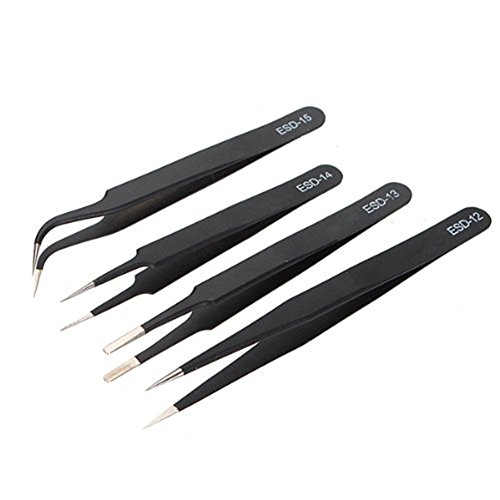 Product Cover AKOAK 4 Pcs ESD Tweezers Set Anti-Static Tweezers Stainless Steel Tweezers for Eyelash Extension,Electronics, Jewelry-making - Straight and Curved Tip Tweezers - Black