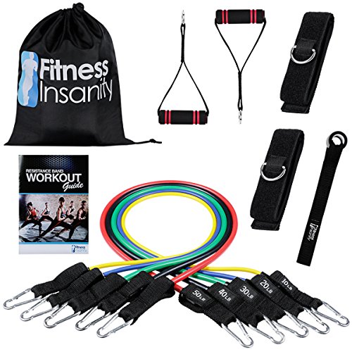 Product Cover Fitness Insanity Resistance Band Set - Include 5 Stackable Exercise Bands with Waterproof Carrying Case, Door Anchor Attachment, Legs Ankle Straps and Exercise Guide eBook - 100% Life Time Guarantee