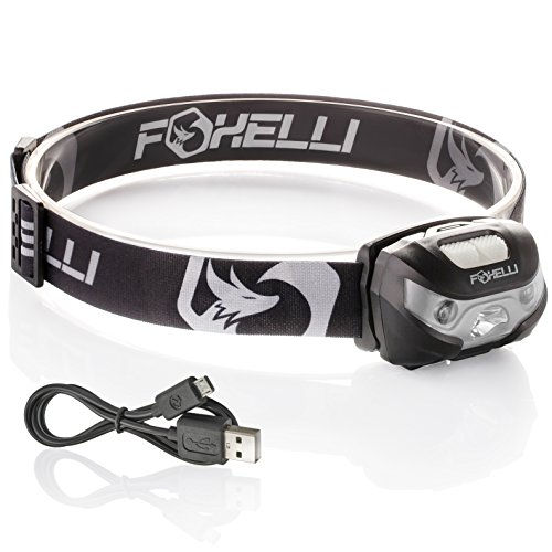Product Cover Foxelli USB Rechargeable Headlamp Flashlight - Provides up to 100 Hours of Constant Light on a Single Charge Ultra Bright Waterproof Impact Resistant Lightweight Comfortable Easy to Use BONUS - Two Mini USB Charging Cables Black-Compact