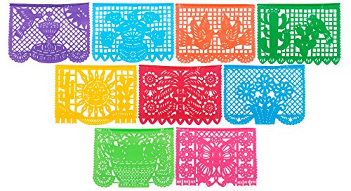 Product Cover Paper Full of Wishes Festival Mexicano Large Plastic Papel Picado Banner, 9 Multi-Colored Panels 15 feet Long