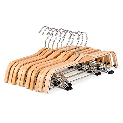 Product Cover RoyalHanger Wood Hangers 10-Pack, Pants Hangers Skirt Hangers Wooden Hangers with 2 Adjustable Clips, Natural Finish