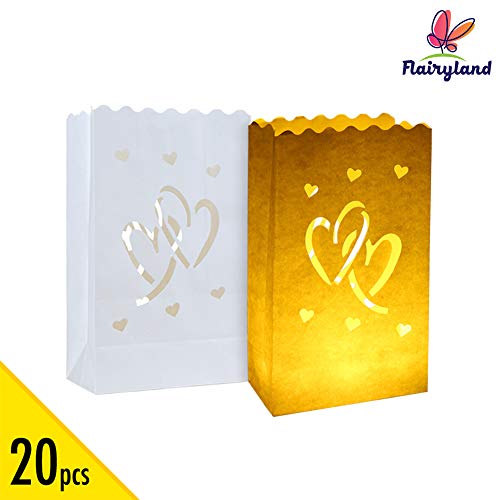 Product Cover 20pcs White Luminary Candle Bags Special Lantern Luminary Bag with Duo Heart Durable and Reusable Fire-Retardant Cotton Material for Wedding Valentine Reception Engagement Marriage Proposal Event