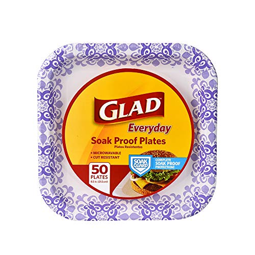 Product Cover Glad Square Disposable Paper Plates for All Occasions | Soak Proof, Cut Proof, Microwaveable Heavy Duty Disposable Plates |50 Count Bulk Paper Plates | Size : 8.5