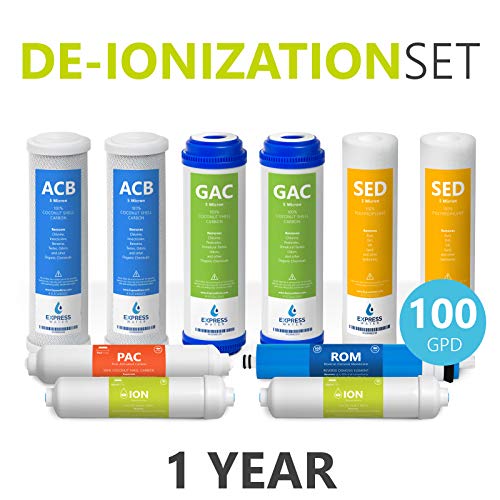 Product Cover Express Water - 1 Year Deionization Reverse Osmosis System Replacement Filter Set - 10 Filters with 100 GPD RO Membrane - 10 inch Size Water Filters