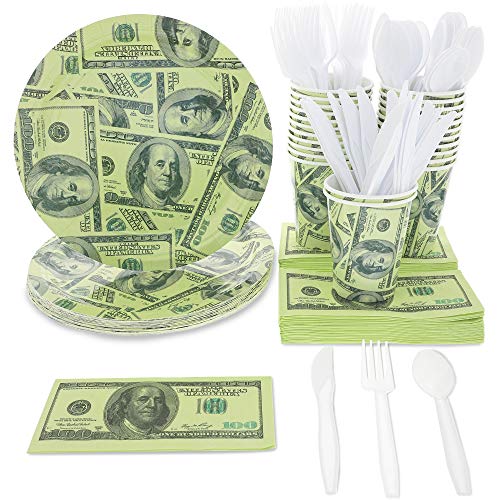 Product Cover Blue Panda $100 Dollar Money Party Supplies (Serves 24) Plates, Cups, Napkins, Knives, Spoons, Forks