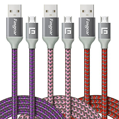 Product Cover Micro USB Cable, 3 pcs (6ft/2M) Fasgear Nylon Braided Tangle-Free Fastest charger data colorful cable with Metal Connectors for Android, Samsung galaxy S6/S6 edge, HTC and more (Purple,Pink,Red)