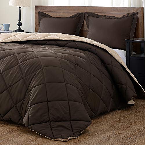 Product Cover downluxe Lightweight Solid Comforter Set (Queen) with 2 Pillow Shams - 3-Piece Set - Brown and Tan - Down Alternative Reversible Comforter