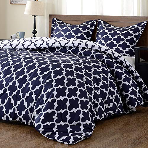 Product Cover downluxe Lightweight Printed Comforter Set (Twin,Navy) with 1 Pillow Sham - 2-Piece Set - Down Alternative Reversible Comforter