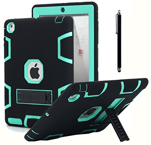 Product Cover iPad 2 Case,iPad 3 Case,iPad 4 Case, AICase Kickstand Shockproof Heavy Duty Rubber High Impact Resistant Rugged Hybrid Three Layer Armor Protective Case with Stylus for iPad 2/3/4 (Black+Mint Blue)