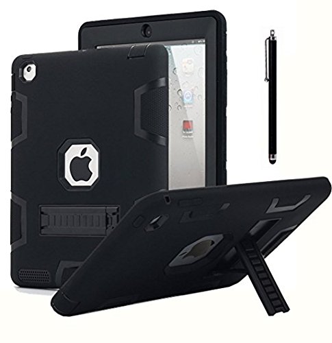 Product Cover iPad 2 Case,iPad 3 Case,iPad 4 Case, AICase Kickstand Shockproof Heavy Duty Rubber High Impact Resistant Rugged Hybrid Three Layer Armor Protective Case with Stylus for iPad 2/3/4 (Black)