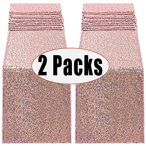 Product Cover FECEDY 2pcs 12 x 108inch Glitter Rose Gold Sequin Table Runner for Birthday Wedding Engagement Bridal Shower Baby Shower Bachelorette Holiday Celebration Party Decorations