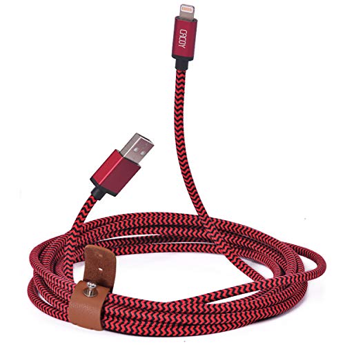 Product Cover Cacoy Double Braided Nylon Lightning to USB Cable with Leather Strap, MFi Certified iPhone Charger for iPhone iPad, Red and Black, 10 Foot