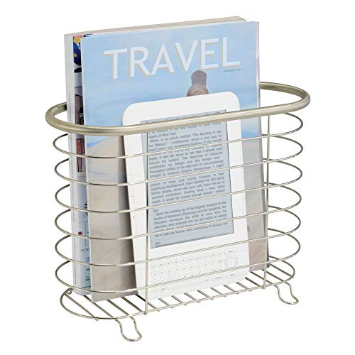 Product Cover mDesign Decorative Metal Farmhouse Magazine Holder and Organizer Bin - Standing Rack for Magazines, Books, Newspapers, Tablets in Bathroom, Family Room, Office, Den - Satin