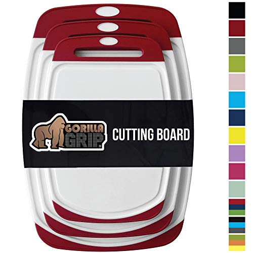 Product Cover Gorilla Grip Original Oversized Cutting Board, 3 Piece, BPA Free, Dishwasher Safe, Juice Grooves, Larger Thicker Boards, Easy Grip Handle, Non Porous, Extra Large, Kitchen, Set of 3, Red
