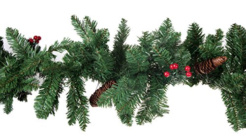 Product Cover Clever Creations Christmas Tree Branch Garland Festive Holiday Decor | Realistic Pine Branches with Pine Cones and Red Holly Berries | Posebale | Realistic Look| 9' Long