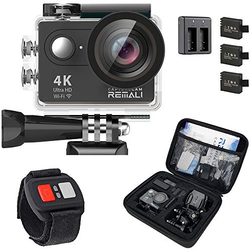 Product Cover REMALI CaptureCam 4K Ultra HD and 12MP Waterproof Sports Action Camera Kit with Carrying Case, 3 Batteries, Dual Battery Charger, 2