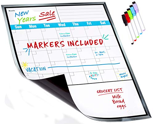 Product Cover Large Dry Erase Monthly Magnetic Calendar Set for Refrigerator, Magnetic White Board and Fridge Calendar, 5 Multi-Color Markers with Magnets Included