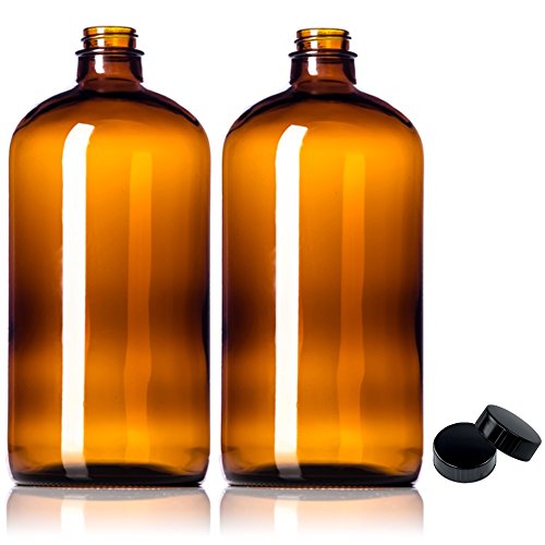 Product Cover 2 Pack ~ 32oz Amber Glass Growlers with Polycone Lids for a Tight Seal - Perfect for Secondary Fermentation, Storing Kombucha, Homemade Cleaning Products, Traveling or a One Liter Glass Beer Growler