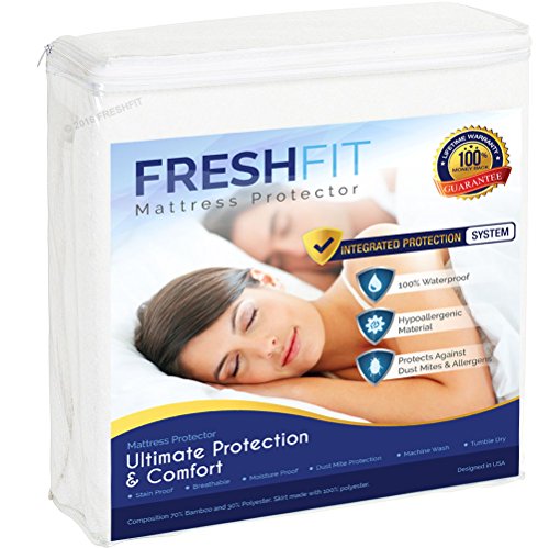 Product Cover FRESHFIT Premium Bamboo Waterproof Noiseless Queen Mattress Protector. Comfortable Vinyl Free Protection from Perspiration and Fluid Spills. Queen Size Pad. Hypoallergenic Mattress Cover. Free Bonus.