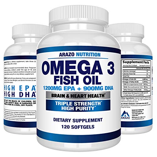 Product Cover Omega 3 Fish Oil 2250mg - High EPA 1200MG + DHA 900MG Triple Strength Burpless Capsules - Arazo Nutrition (120 Count)