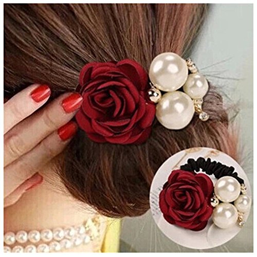 Product Cover Lovef 4Pcs Korean Fashion Pearl Hair Rope Rose Flower Hair band Rhinestone Hair Ties Rubber Band Hair Jewelry